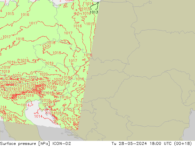 Atmosférický tlak ICON-D2 Út 28.05.2024 18 UTC