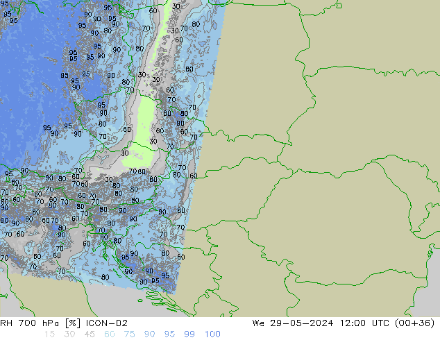 RH 700 hPa ICON-D2 śro. 29.05.2024 12 UTC