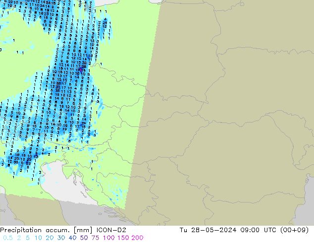 Precipitation accum. ICON-D2 Tu 28.05.2024 09 UTC