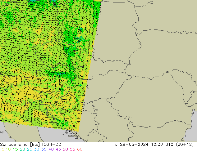 Surface wind ICON-D2 Út 28.05.2024 12 UTC