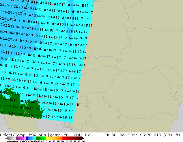 Height/Temp. 500 hPa ICON-D2 Čt 30.05.2024 00 UTC