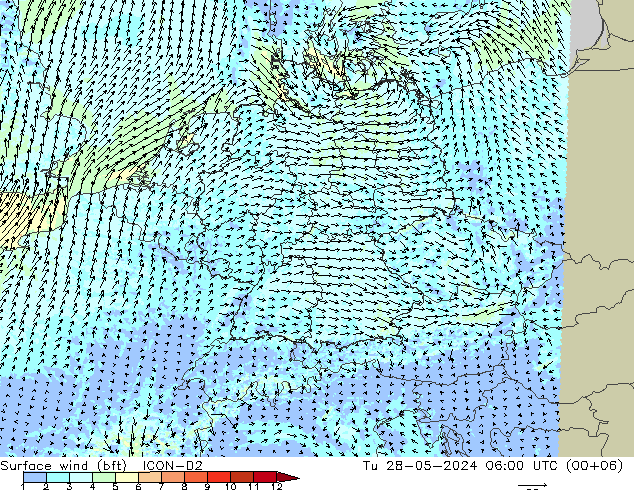 wiatr 10 m (bft) ICON-D2 wto. 28.05.2024 06 UTC