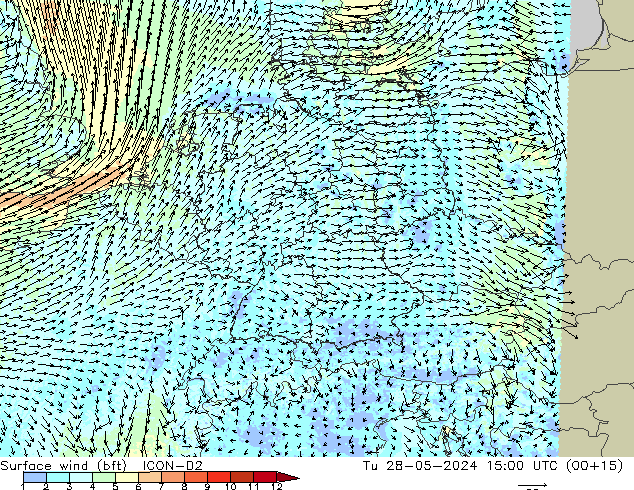 Wind 10 m (bft) ICON-D2 di 28.05.2024 15 UTC