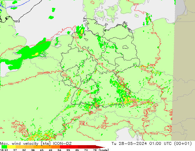 Max. wind velocity ICON-D2 星期二 28.05.2024 01 UTC