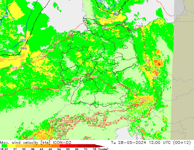 Max. wind velocity ICON-D2 Út 28.05.2024 12 UTC