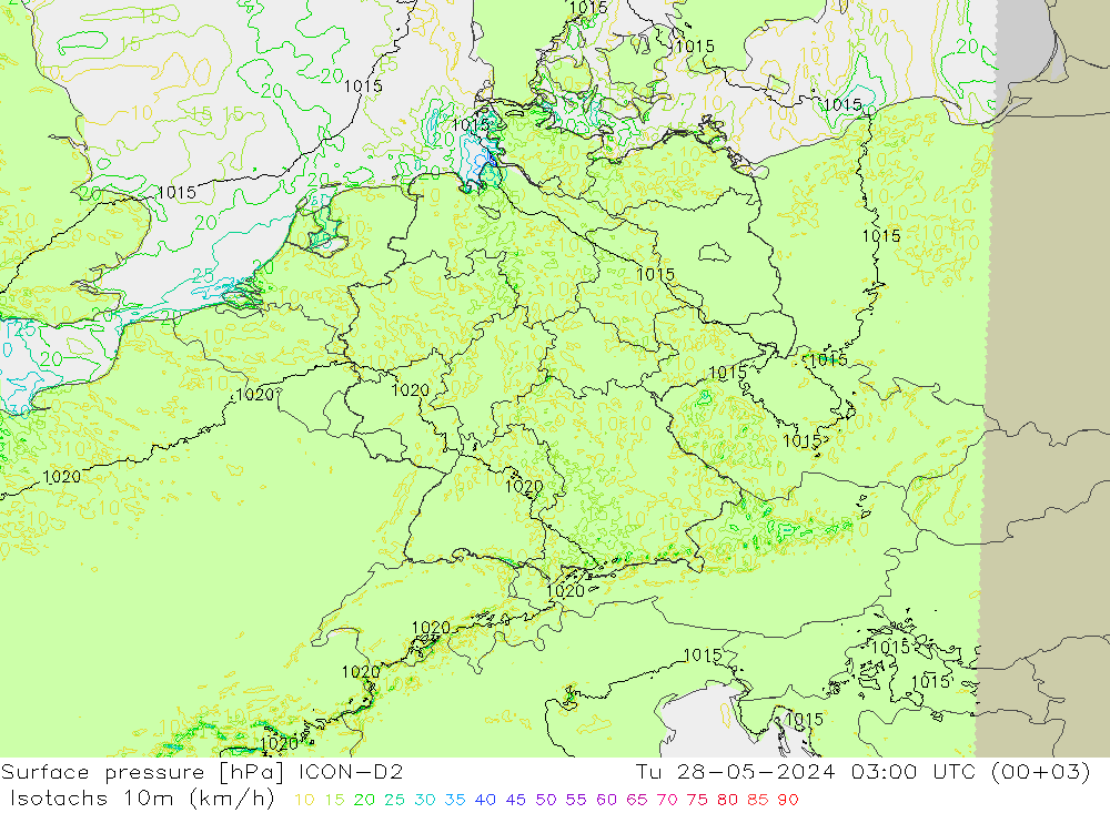 Isotachen (km/h) ICON-D2 Di 28.05.2024 03 UTC