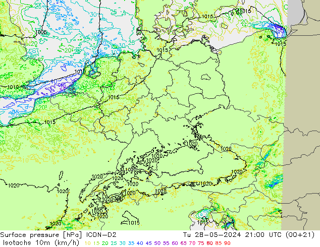 Eşrüzgar Hızları (km/sa) ICON-D2 Sa 28.05.2024 21 UTC