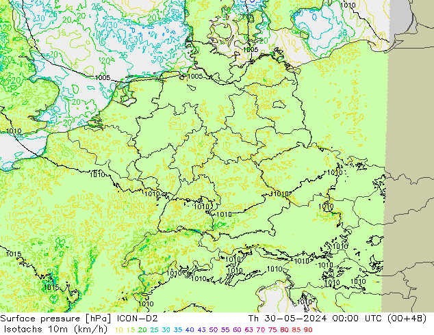 Isotachs (kph) ICON-D2 Čt 30.05.2024 00 UTC