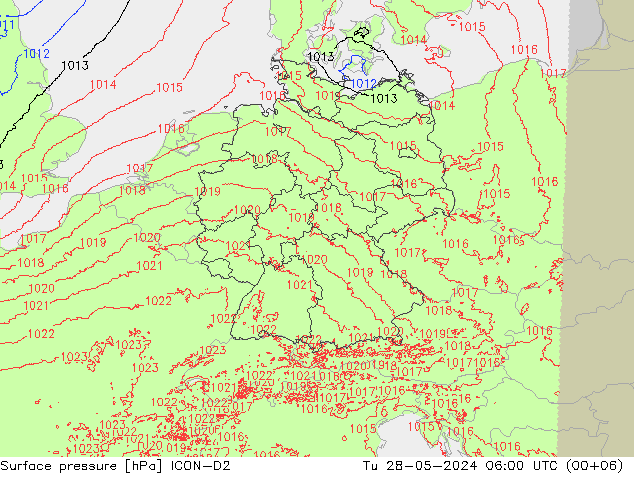 Pressione al suolo ICON-D2 mar 28.05.2024 06 UTC