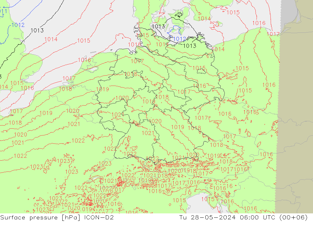 Pressione al suolo ICON-D2 mar 28.05.2024 06 UTC