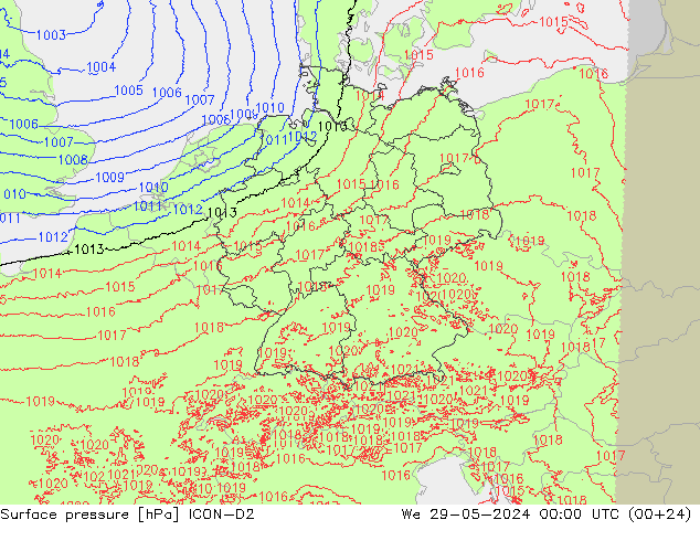 Presión superficial ICON-D2 mié 29.05.2024 00 UTC