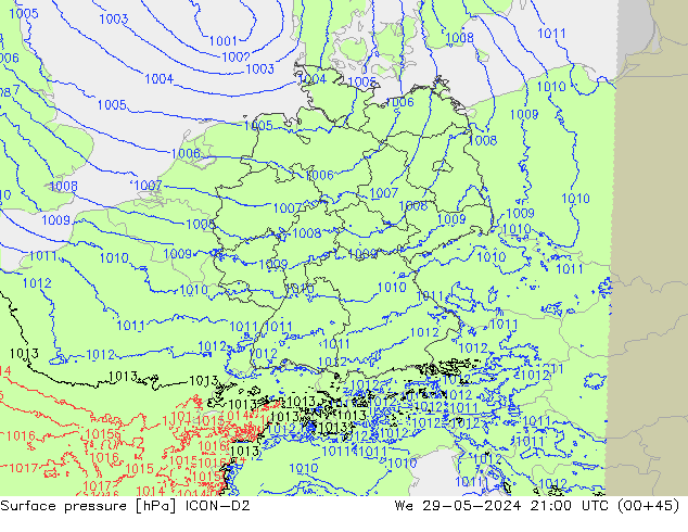 Pressione al suolo ICON-D2 mer 29.05.2024 21 UTC