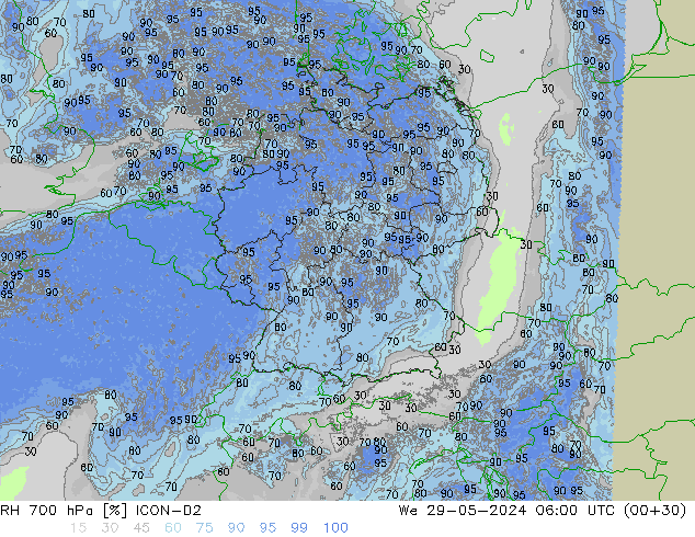 700 hPa Nispi Nem ICON-D2 Çar 29.05.2024 06 UTC