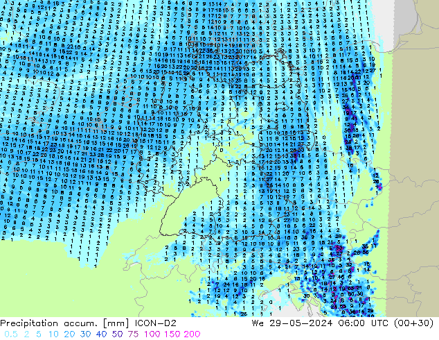 Precipitation accum. ICON-D2 St 29.05.2024 06 UTC