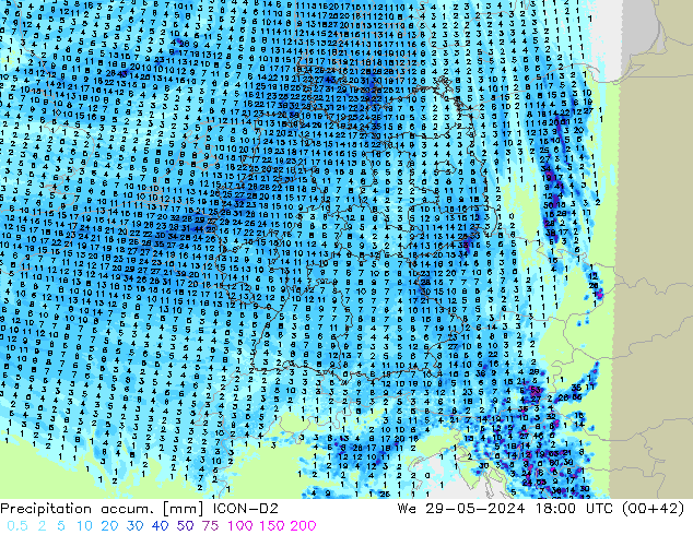 Precipitation accum. ICON-D2 We 29.05.2024 18 UTC