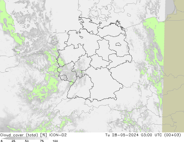 zachmurzenie (suma) ICON-D2 wto. 28.05.2024 03 UTC