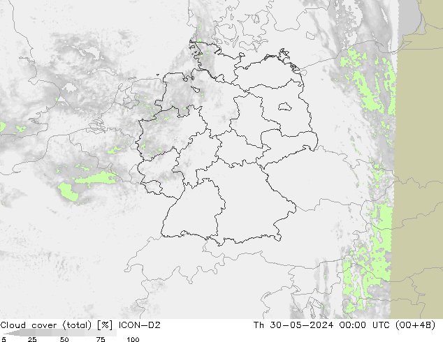 Cloud cover (total) ICON-D2 Th 30.05.2024 00 UTC