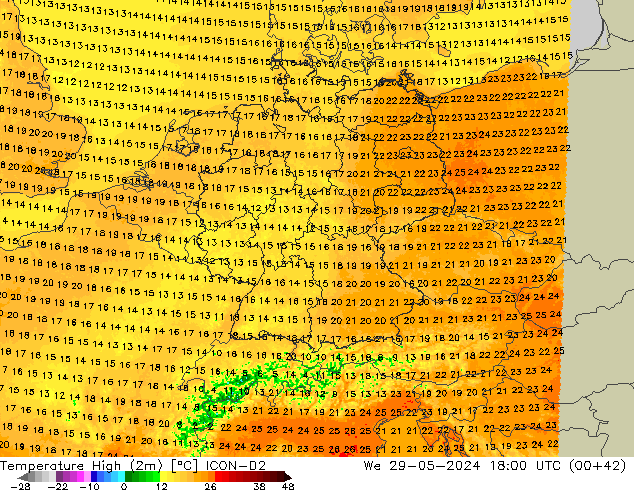 température 2m max ICON-D2 mer 29.05.2024 18 UTC
