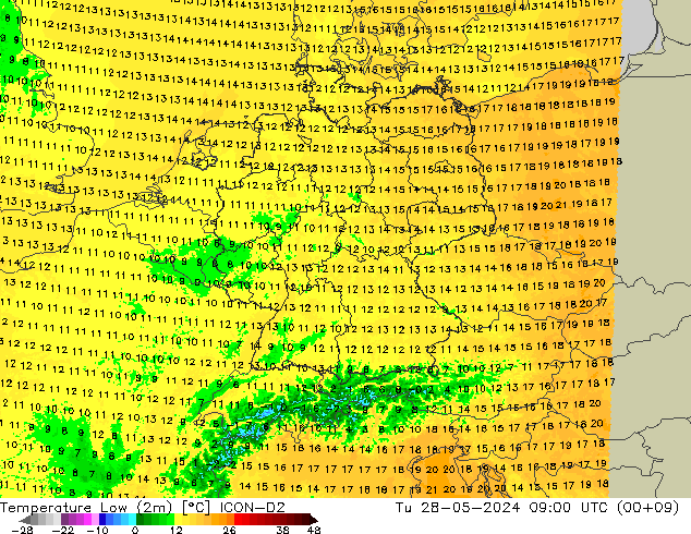 Tiefstwerte (2m) ICON-D2 Di 28.05.2024 09 UTC
