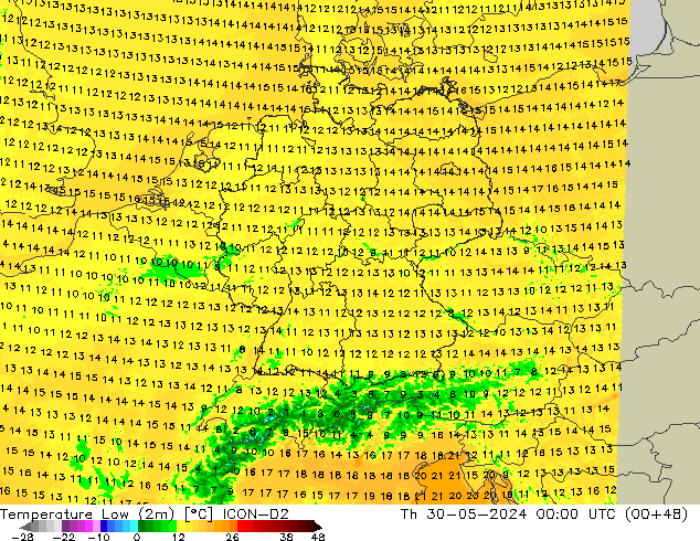 Temp. minima (2m) ICON-D2 gio 30.05.2024 00 UTC