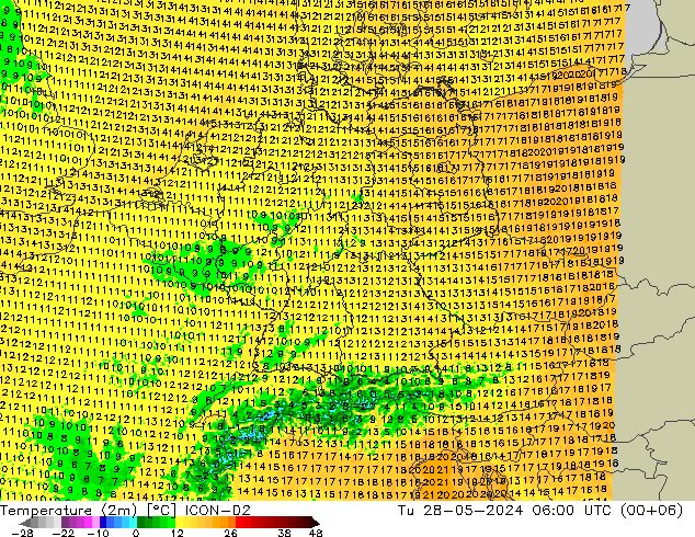 Temperatura (2m) ICON-D2 mar 28.05.2024 06 UTC