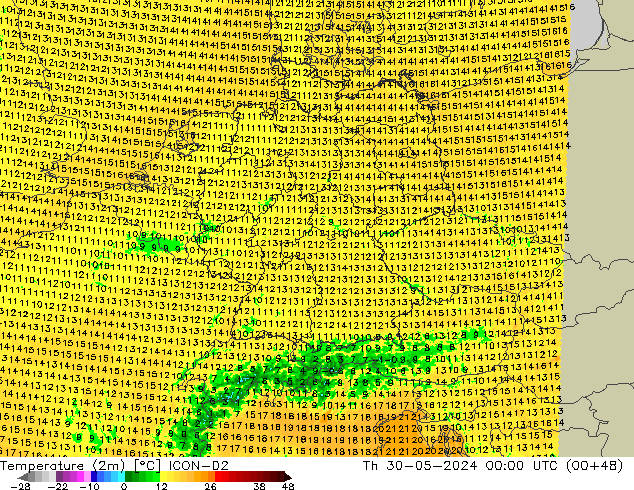 Temperatura (2m) ICON-D2 gio 30.05.2024 00 UTC