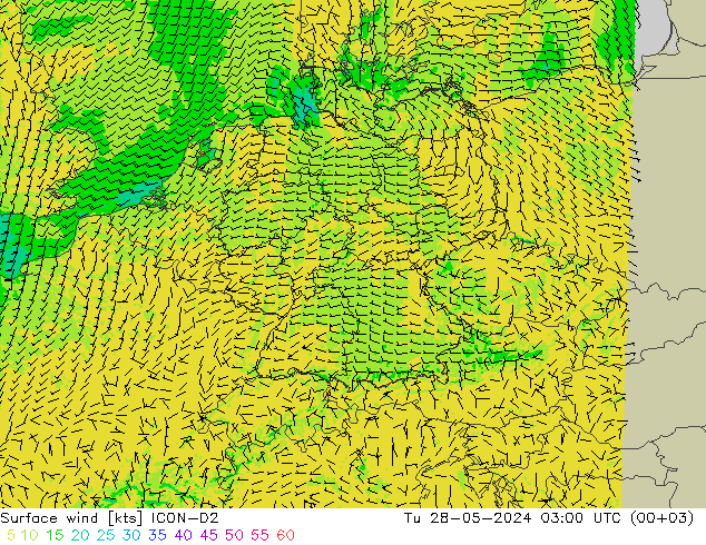 Surface wind ICON-D2 Tu 28.05.2024 03 UTC