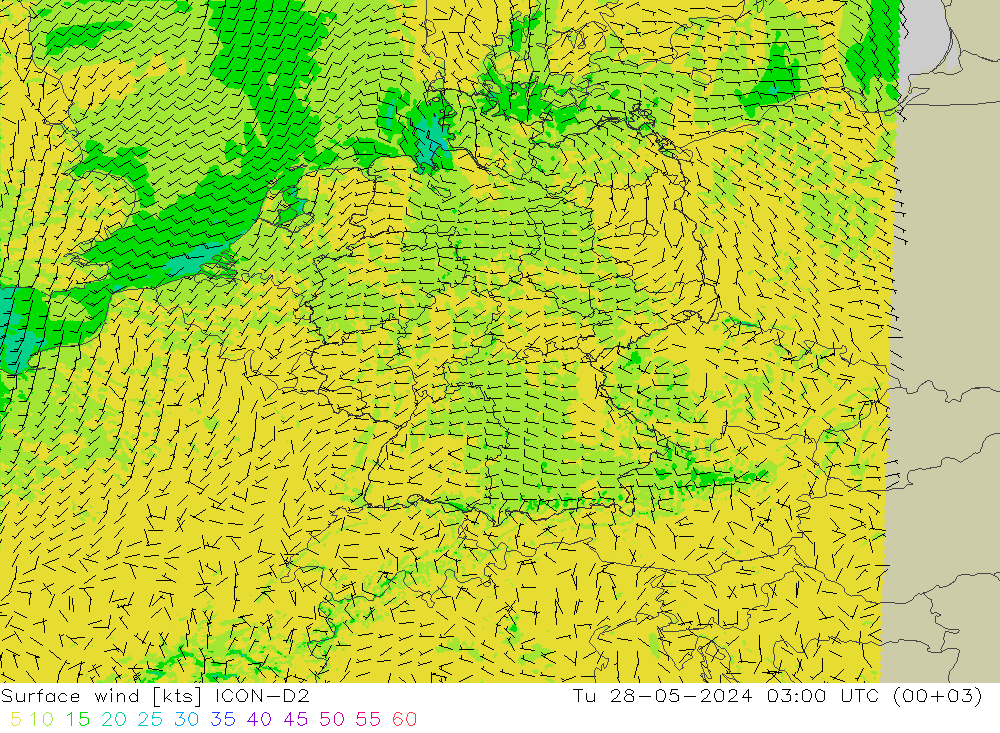 Surface wind ICON-D2 Tu 28.05.2024 03 UTC