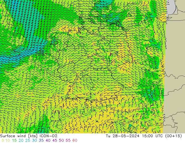 Vento 10 m ICON-D2 Ter 28.05.2024 15 UTC