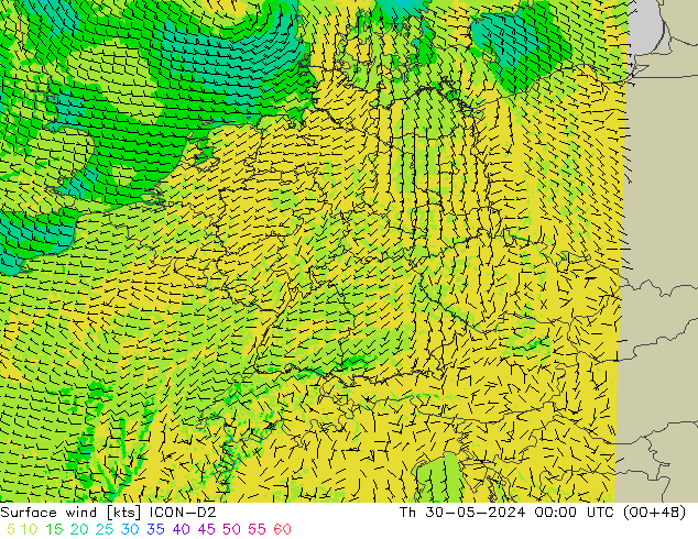 Surface wind ICON-D2 Čt 30.05.2024 00 UTC