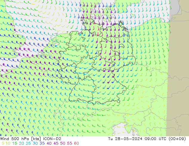 Vento 500 hPa ICON-D2 mar 28.05.2024 09 UTC