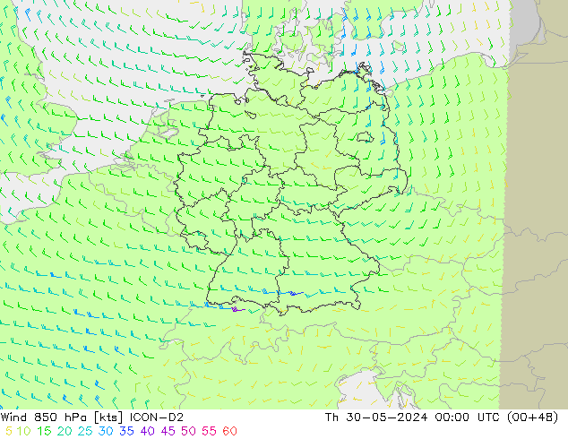 Vento 850 hPa ICON-D2 gio 30.05.2024 00 UTC