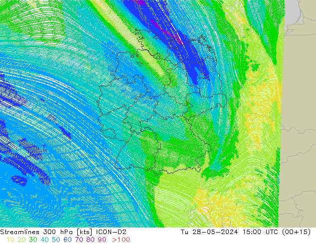 Linea di flusso 300 hPa ICON-D2 mar 28.05.2024 15 UTC