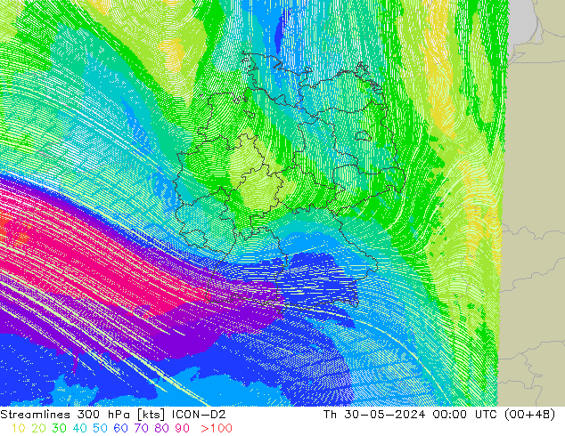 Línea de corriente 300 hPa ICON-D2 jue 30.05.2024 00 UTC