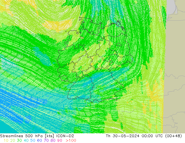 Línea de corriente 500 hPa ICON-D2 jue 30.05.2024 00 UTC