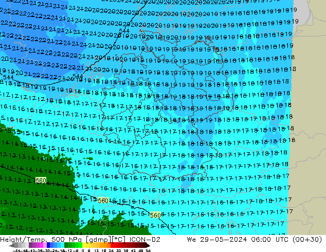 Height/Temp. 500 hPa ICON-D2 We 29.05.2024 06 UTC