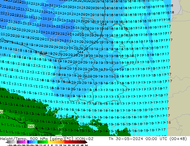 Height/Temp. 500 hPa ICON-D2 Čt 30.05.2024 00 UTC