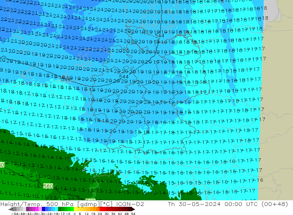 Height/Temp. 500 hPa ICON-D2 Th 30.05.2024 00 UTC