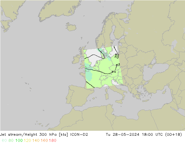 Jet stream/Height 300 hPa ICON-D2 Út 28.05.2024 18 UTC