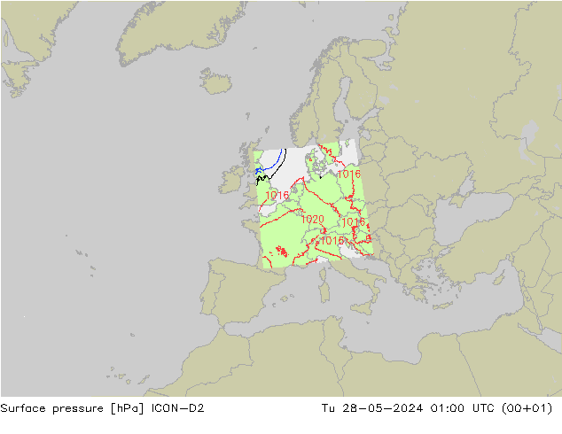 Surface pressure ICON-D2 Tu 28.05.2024 01 UTC