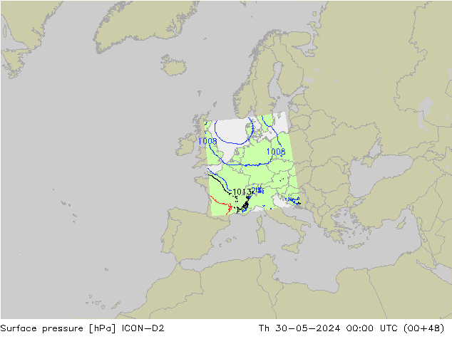 Presión superficial ICON-D2 jue 30.05.2024 00 UTC