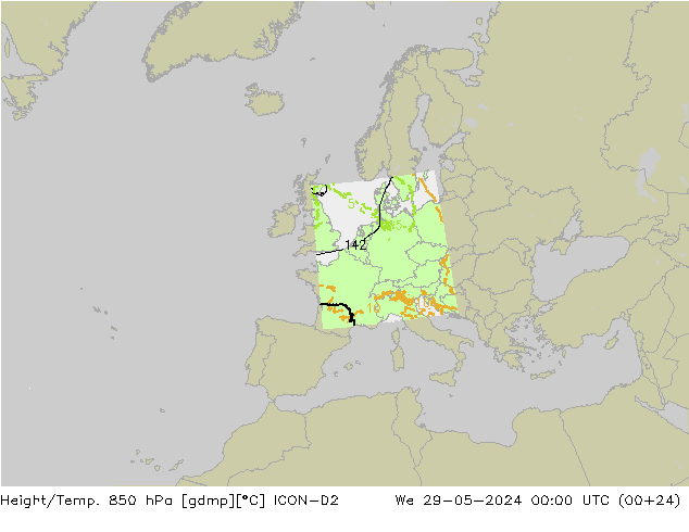 Height/Temp. 850 hPa ICON-D2 mer 29.05.2024 00 UTC