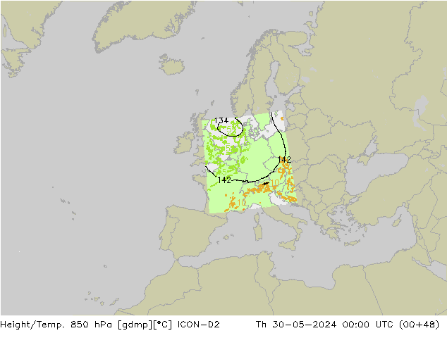 Height/Temp. 850 hPa ICON-D2 czw. 30.05.2024 00 UTC