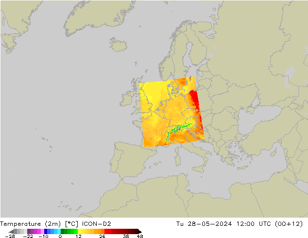 Temperatura (2m) ICON-D2 mar 28.05.2024 12 UTC