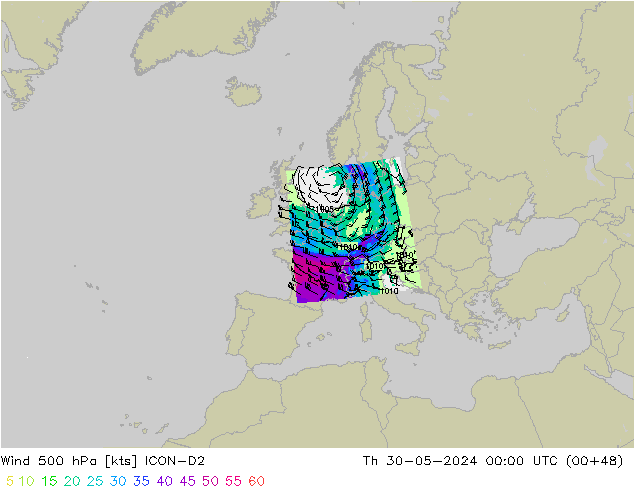 Wind 500 hPa ICON-D2 Th 30.05.2024 00 UTC