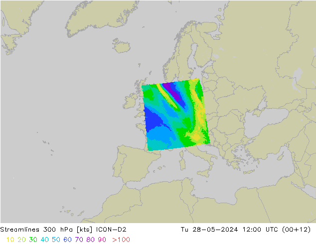 Streamlines 300 hPa ICON-D2 Tu 28.05.2024 12 UTC