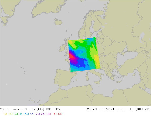 Stroomlijn 300 hPa ICON-D2 wo 29.05.2024 06 UTC