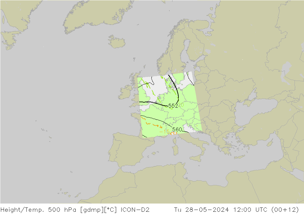 Height/Temp. 500 hPa ICON-D2 Tu 28.05.2024 12 UTC