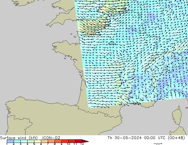 Surface wind (bft) ICON-D2 Th 30.05.2024 00 UTC