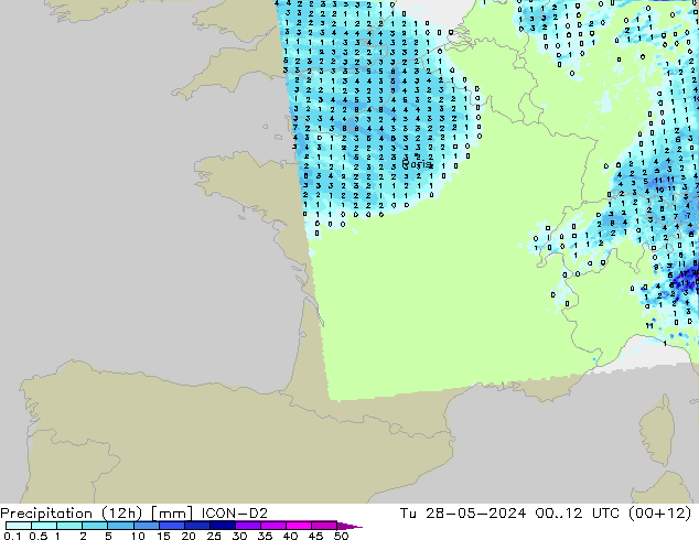 Precipitation (12h) ICON-D2 Tu 28.05.2024 12 UTC